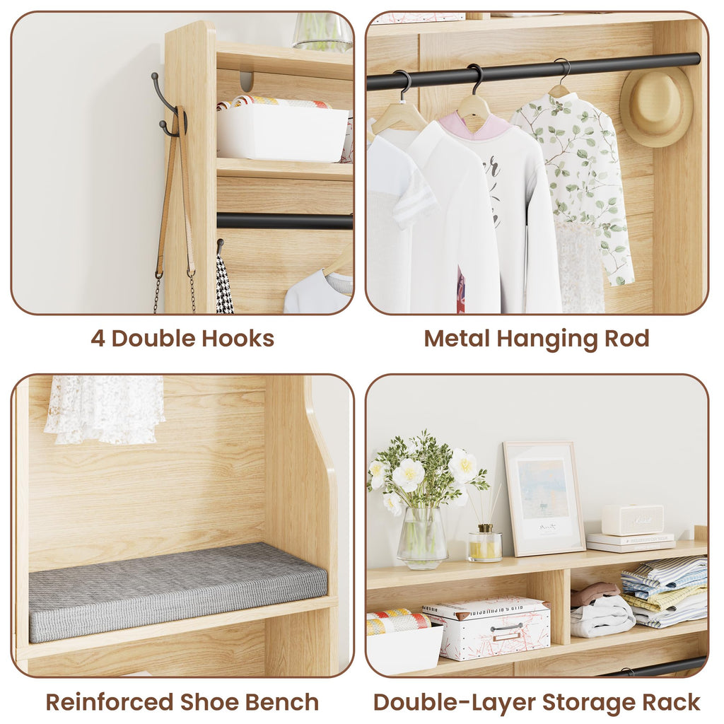 78" Modern Rustic Hall Tree with Bench and Shoe Storage, 5-in-1 Mudroom Coat Rack with Storage Shelves and Metal