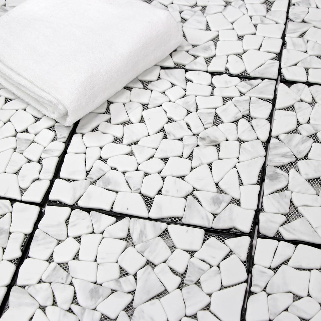4PCS Natural Pebble Interlocking Deck Tiles, 12" x 12" Recycled Glass Marble Looks Waterproof Patio Deck, Outdoor &
