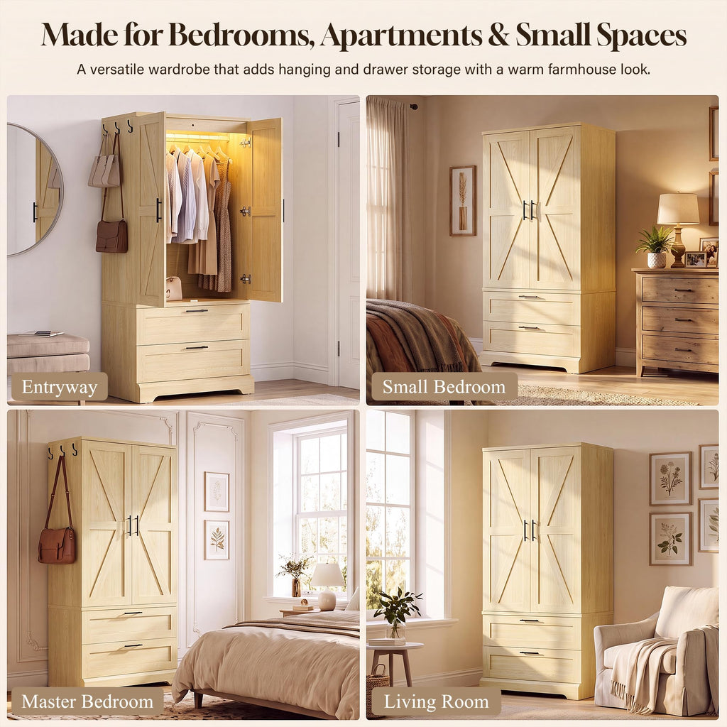 70.9" Wardrobe Closet with Sensor Light, 2 Drawers (Oak)