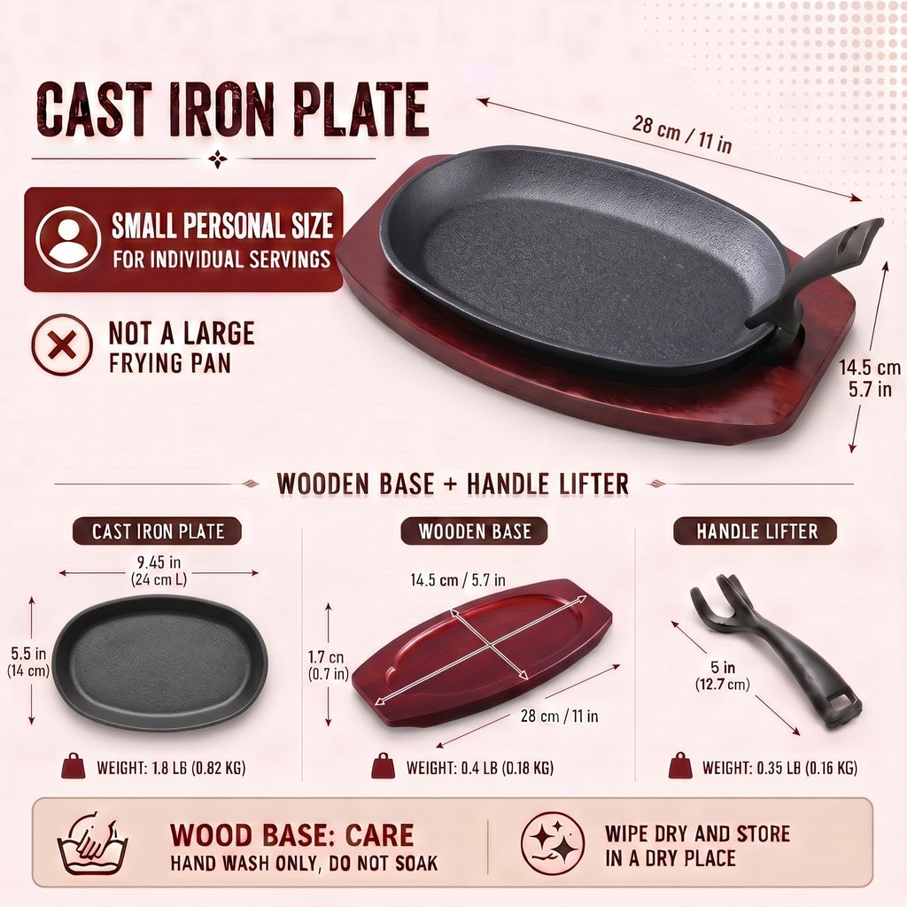 6 Pcs Oval Cast Iron Fajita Skillet Pan Set Small Sizzling Steak Plate with Wooden Base and Handle Cast Iron Fajita