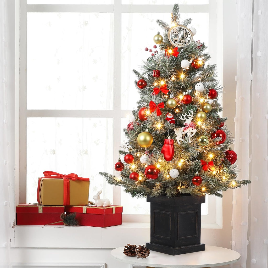 3FT Prelit Snow Flocked Christmas Tree with Prelit Premium 70 LED 8 Mode Battery Powered Mini Small Xmas Tree for