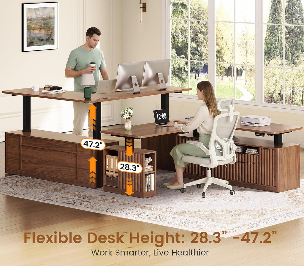 Fluted L Shaped Executive Electric Standing Desk with 4 Drawers | 69" x 55" Height Adjustable Office Desk with