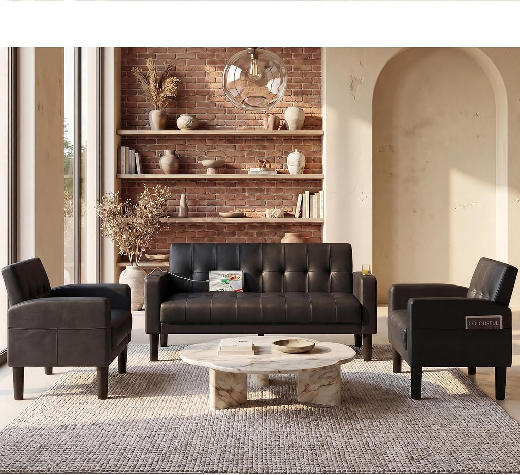 Sofa Couch, Living Room Furniture Sectional Sofa Sets 3 Pcs, Tufted Mid-Century Loveseat w/USB, Cupholders & Comfy