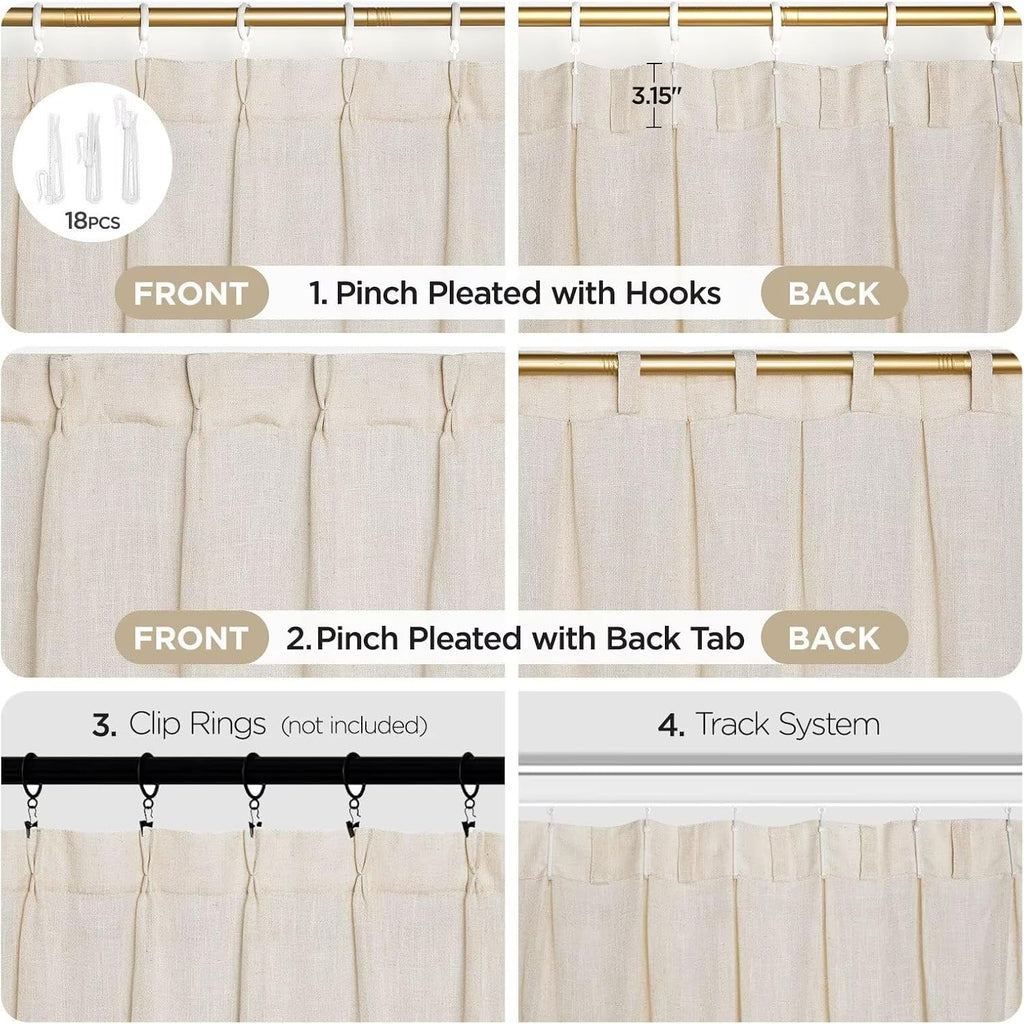 Natural Linen Pinch Pleat Curtains 102 Inch Long 2 Panel Set,Semi Sheer Curtain,Back Tab Light Filtering Drapes with
