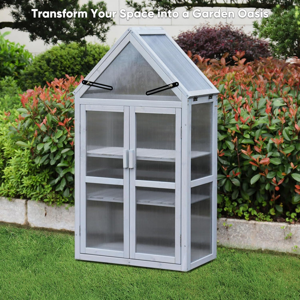 Wooden Mini Cold Frame Greenhouse for Outdoor with Adjustable Shelves, Opening Roof & Wall Mounts - Ideal , Balcony &