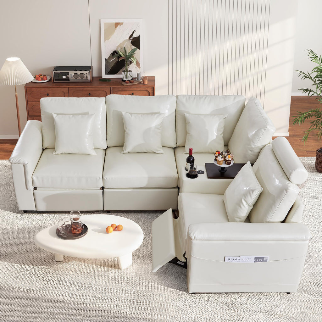 Faux Leather Sectional Sofa, L Shaped, 4 Seater, Beige