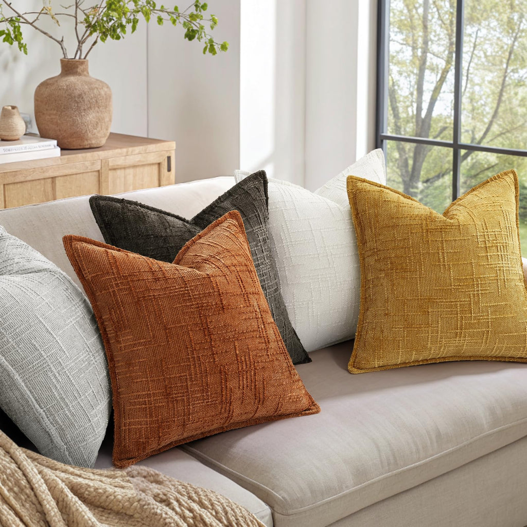 Chenille Fall Throw Pillow Covers 26x26 Set of 2, Mustard Yellow