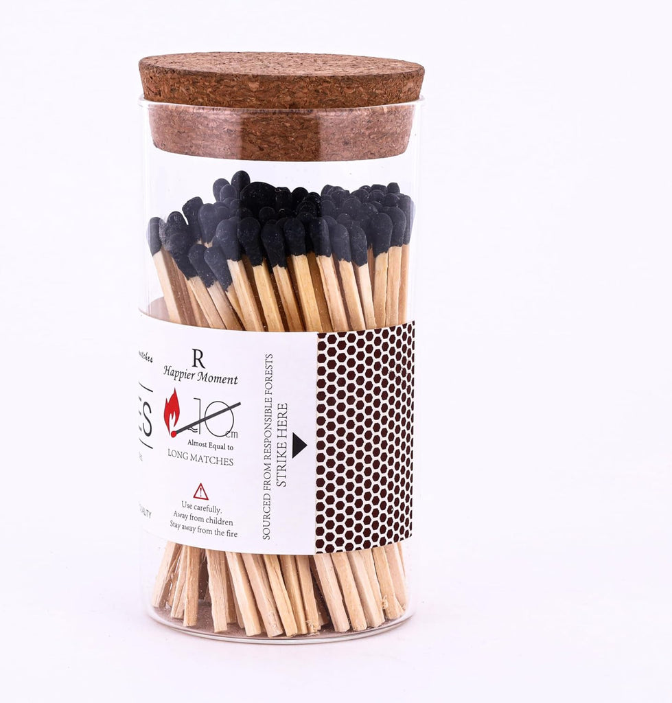 4'' Decorative Black Matches in a Glass Bottle, Safety Matches in a Jar with Striker, Match Holder - Set of 150