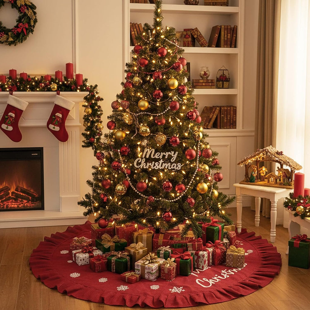 31 Inch Christmas Tree Skirt Linen Burlap Red Tree Skirt with Ruffle Rustic Farmhouse Trees Ornaments Snowflake Xmas