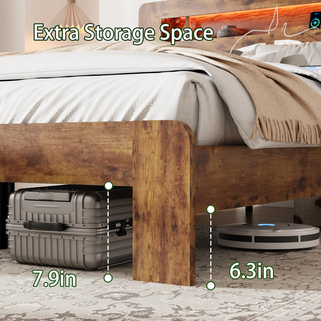 Wooden Bed Frame with Storage Headboard, Farmhouse Platform Bedframe with Bookcase Shelf & Led Lights