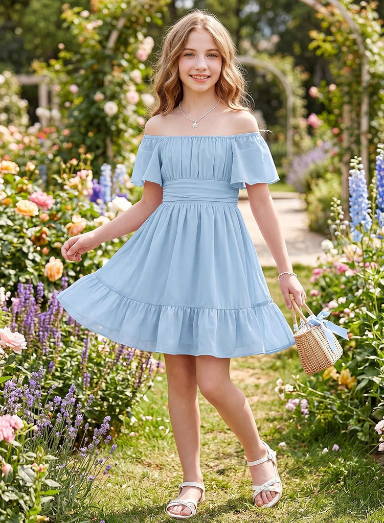 Girls Summer Tie Back Dresses Kids Off Shoulder Dress