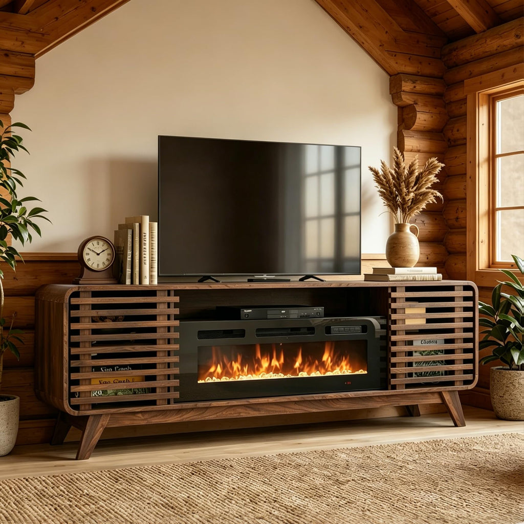 Luxury Fluted TV Stand with Fireplace, 80 inch, Brown