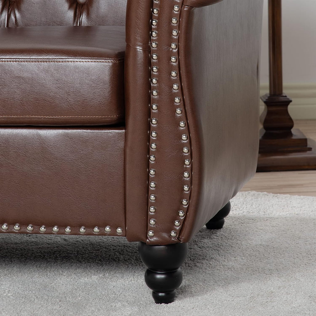 Leather Chesterfield Chair, Mid-Century Modern Single Sofa Chair, Tufted Upholstered Rolled Armchair Bedroom Reading