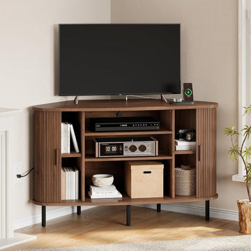 47" Corner TV Stand, Fluted TV Cabinet with Sliding Doors Fits up to 55 Inch TVs, Modern Corner Entertainment Center