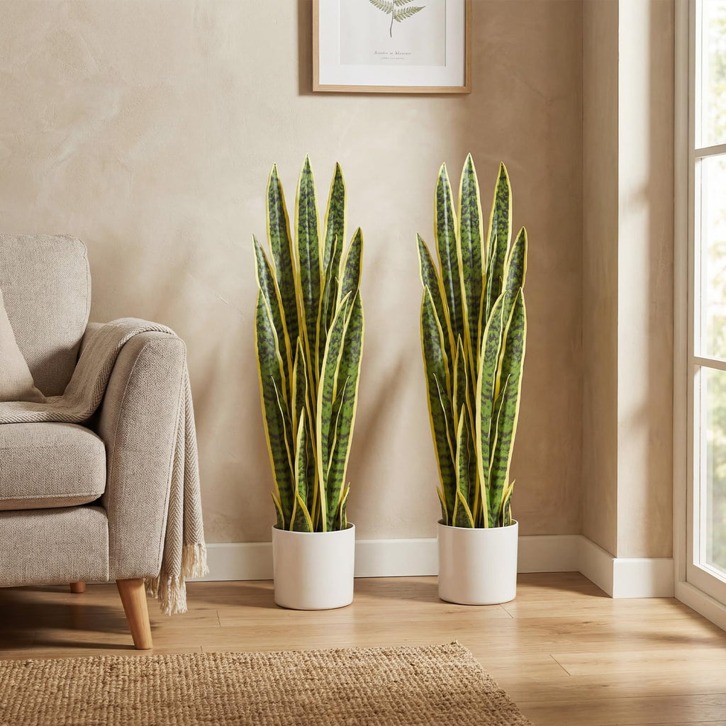 2 Pack 3.17 ft Tall Artificial Snake Plant Fake Sansevieria Plant Large Faux Snake Bulk in Pot Housewarming Gift