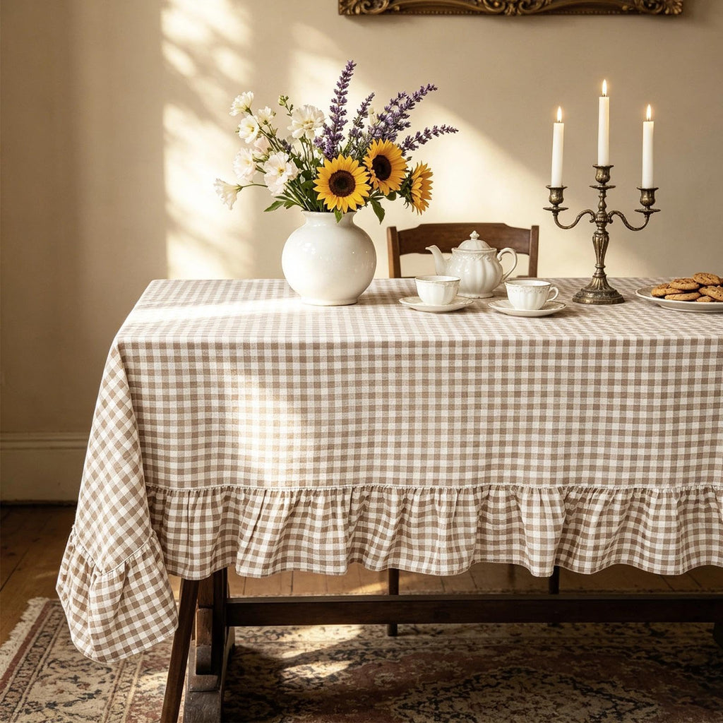 Gingham Ruffled Tablecloth Brown Taupe White 60x120 New Year