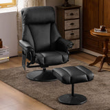 Modern Reclining Swivel Lounge Chair and Ottoman — Black Faux Leather