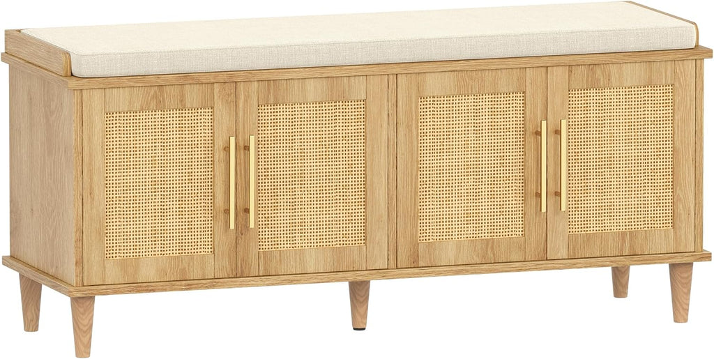 Rattan Shoe Storage Bench with Cushion, 2-Tier Entryway Bench with Adjustable Shelves and 4 Doors, 15" D x 47.2" W x