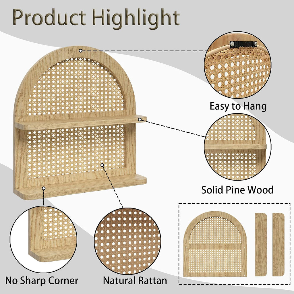 Wood Boho Rattan Wall Shelf - 2-Tier Arched Wicker Floating Shelf Natural Wood New Boho Shelf, Rustic Farmhouse