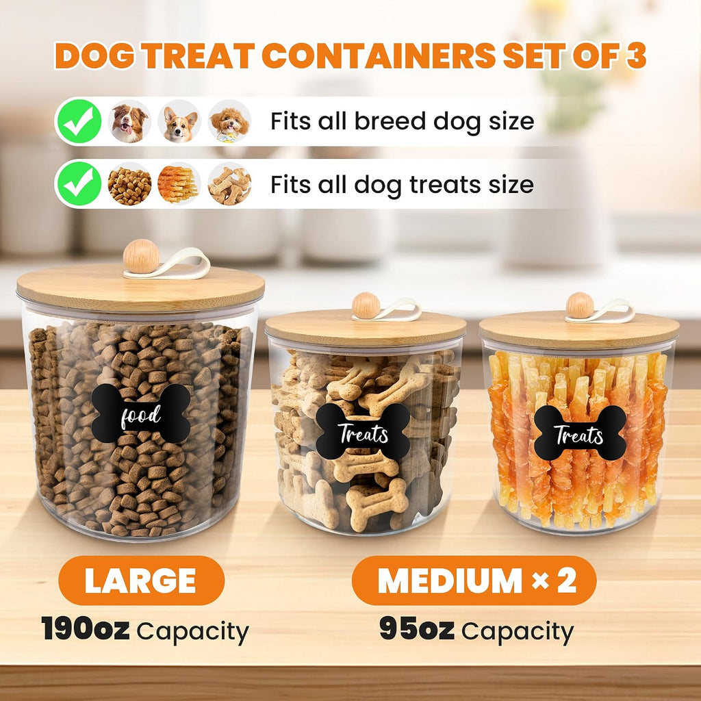 3 Pack Airtight Dog Treat Containers Bamboo Lids, Dog Treat Jars