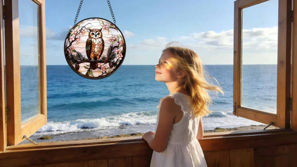 Stained Glass Window Hanging - The Owl is on The Branch of The Pine Tree 6.3 Inches Suncatcher for Garden Home Decor