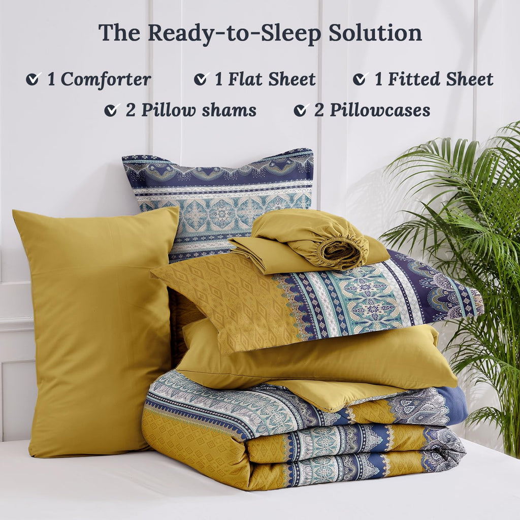 Full Comforter Set 7-Piece, Boho Bed in a Bag, Mustard Yellow