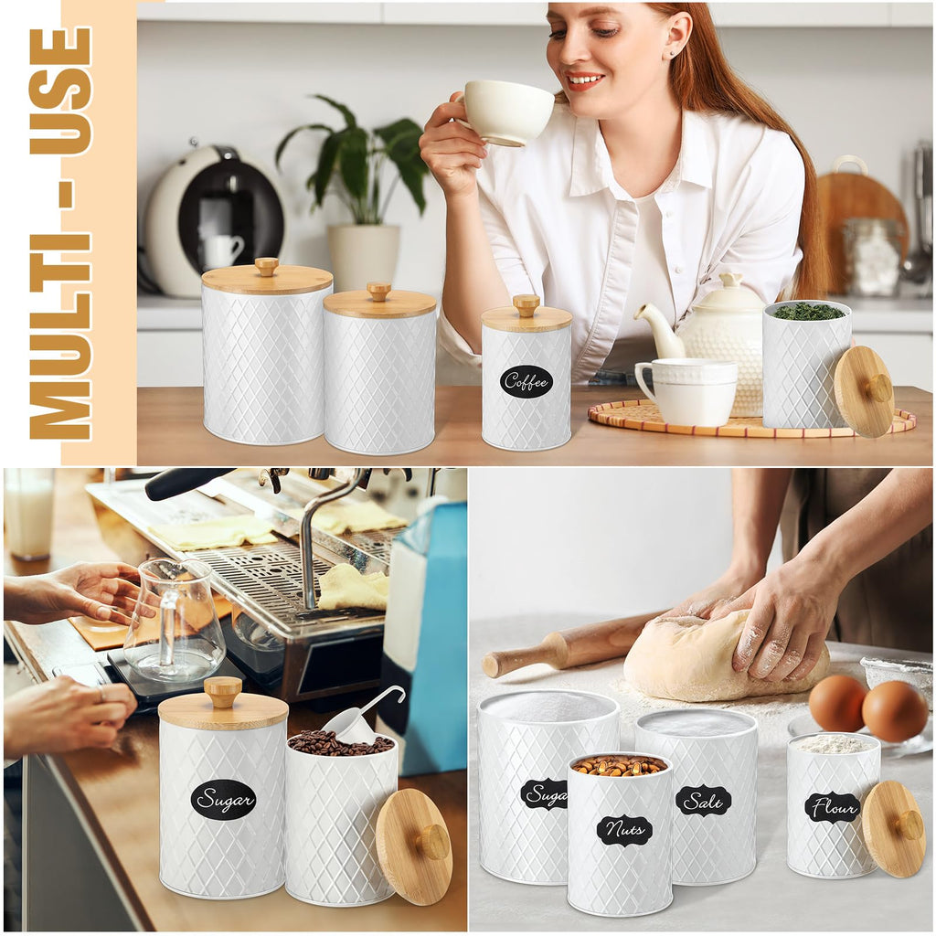 4 Set Black Metal Coffee Canister Set with Bamboo Lid, White, 4 Sizes