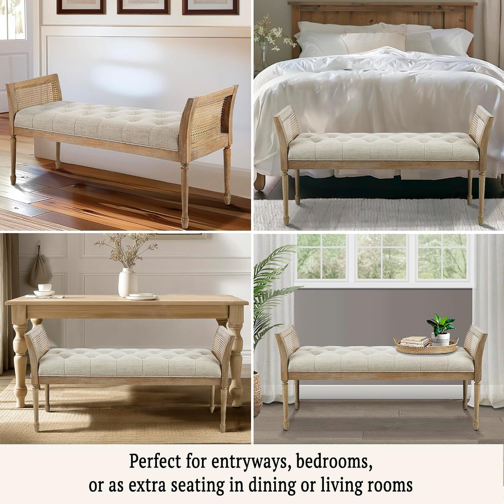 Isla Entryway Accent Bench Bedford Collection, Tufted Seat, Cane Side Frames, Farmhouse Bed End Bench , Indoor