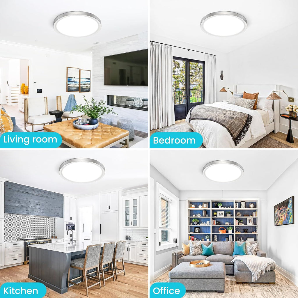 16 inch Flush Mount LED Ceiling Light Fixture, 3000K 4000K 6500K Adjustable, 36W 3200lm Brushed Nickel Satin Round
