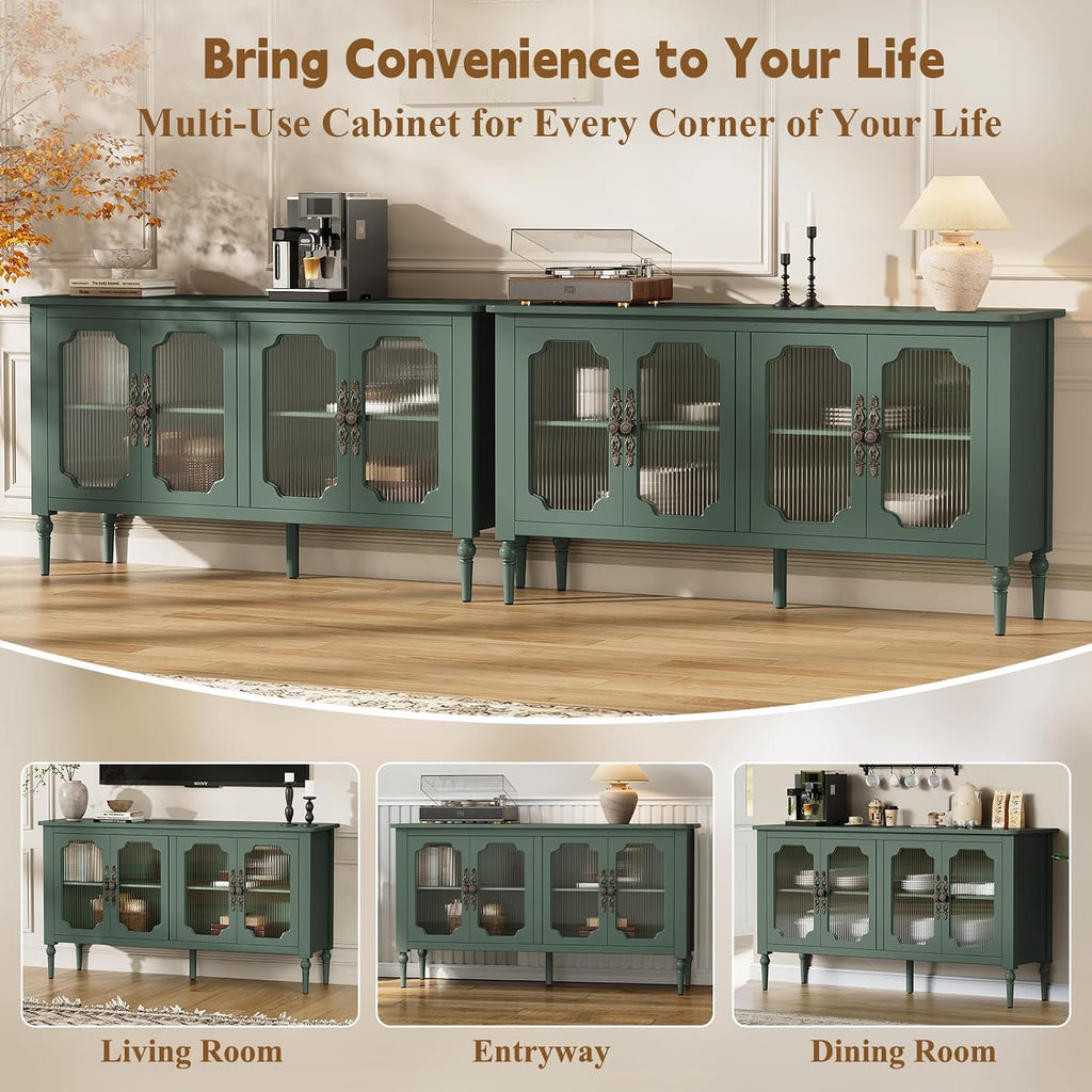 58" Sideboard Buffet Cabinet with Storage, Sideboard Cabinet, Green | Mid Century Storage Cabinet with Shelves and 4