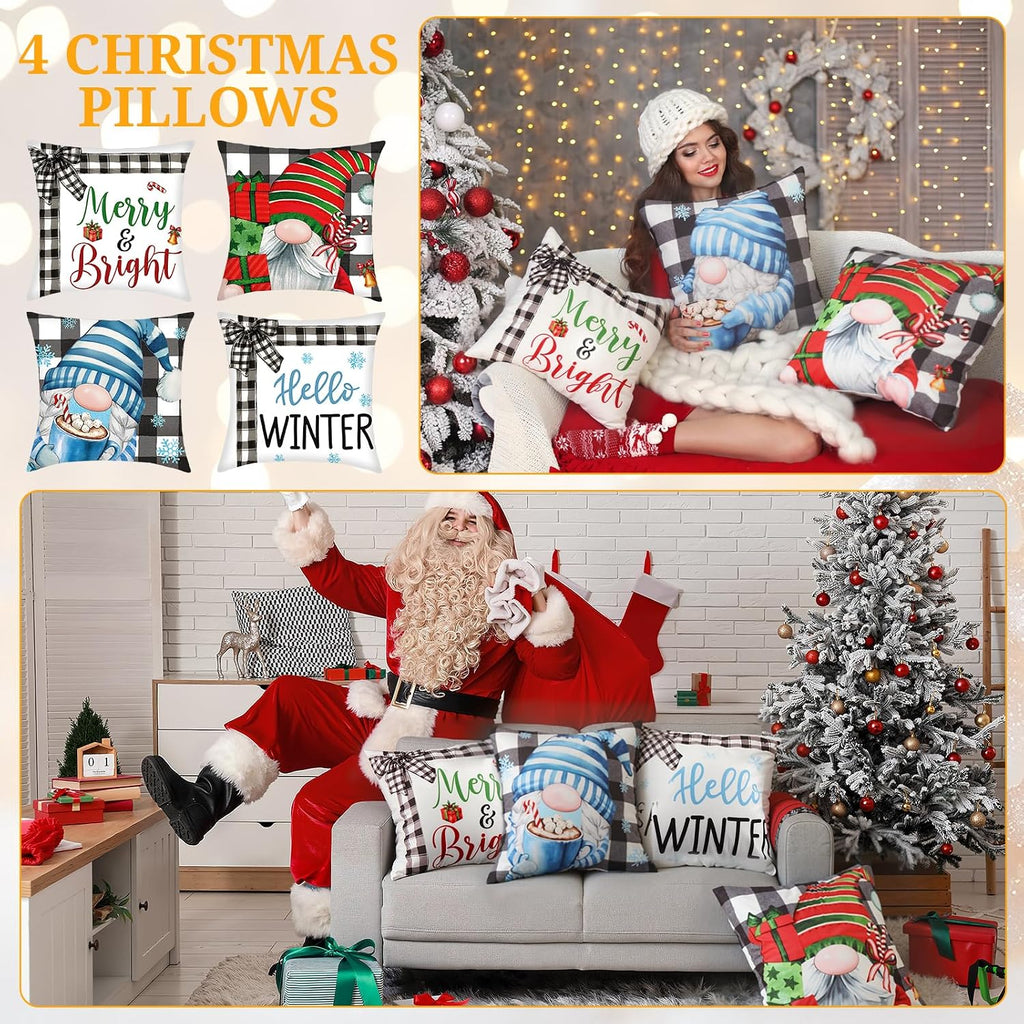 Winter Pillow Covers 18 x 18 Inch Holiday Gnome Throw Pillow Covers Winter Christmas Seasonal Pillowcases - Set of 16
