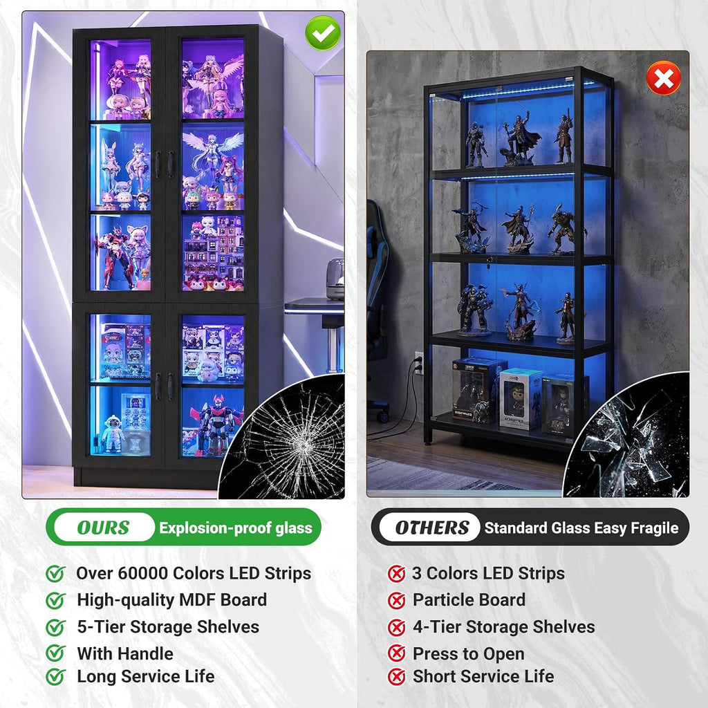 80" Display Cabinet with Glass Doors, 5-Tier Tall Bookcase with LED Light, Glass Display Case with Adjustable