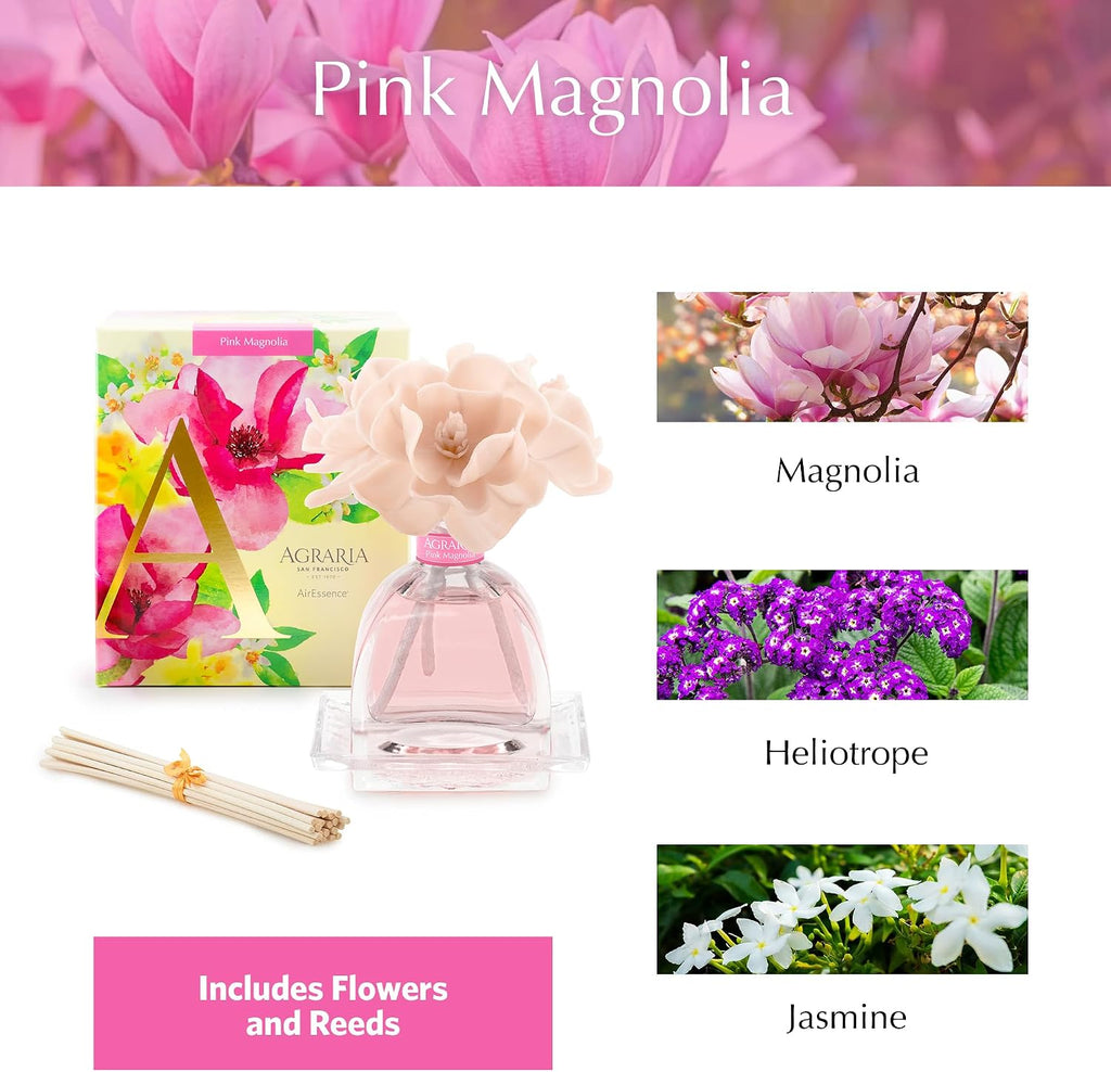 AirEssence Flower and Reed Diffuser Set, Hand Crafted Sola Flower Botanical Home Fragrance Diffuser, Pink Magnolia