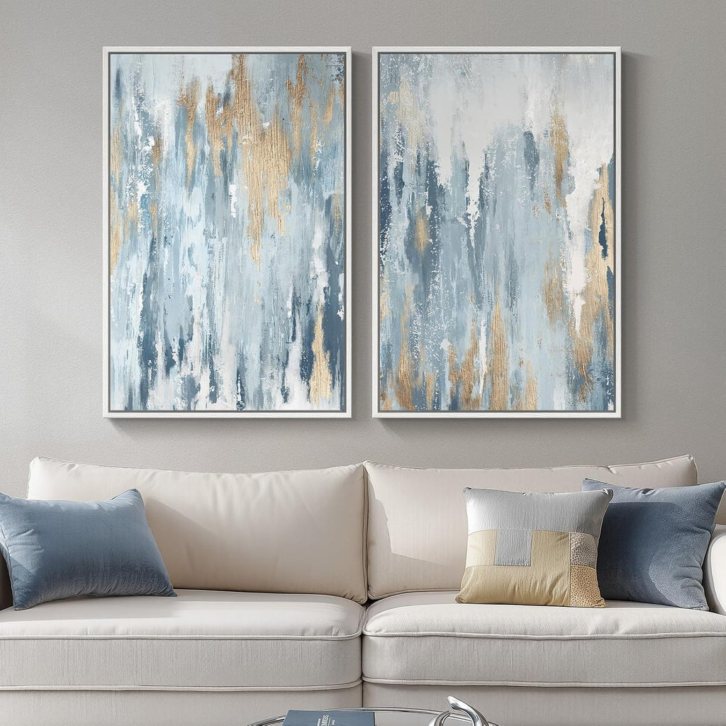 Large White Framed Blue and Gold Abstract Canvas Wall Art, 2 Piece Modern Minimalist Prints Paintings Artwork