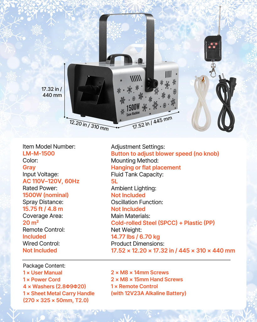 Snow Machine, 1500W Handheld/Hanging Snow Maker By Wireless Remote Control, Portable Snowmaking Machine, High Output