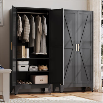 Metal Armoire Wardrobe Closet with Hanging Rod, 71H Metal Cabinet with Doors and Shelves, Freestanding Bedroom Armoire