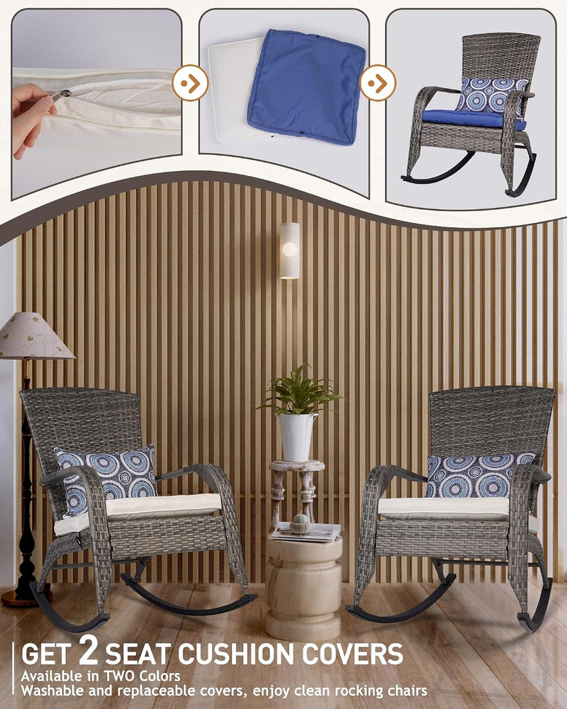 Outdoor Rocking Chair, Patio Rattan Rocker Chair with Cushions & Steel Frame, All Weather Porch Rocking Chair for