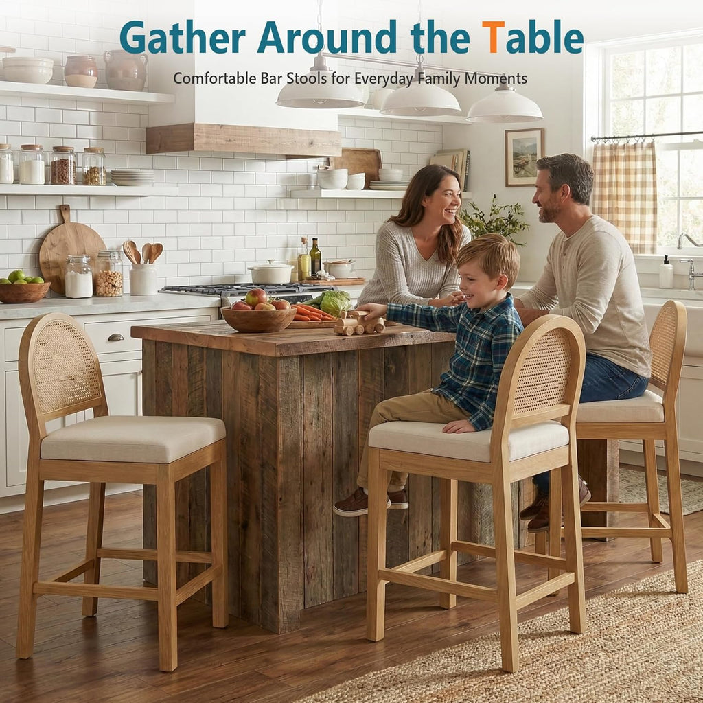 Upholstered Rattan Bar Stools Set of 4, Wooden Counter Height Stools with Natural Rattan Woven Back and Chenille