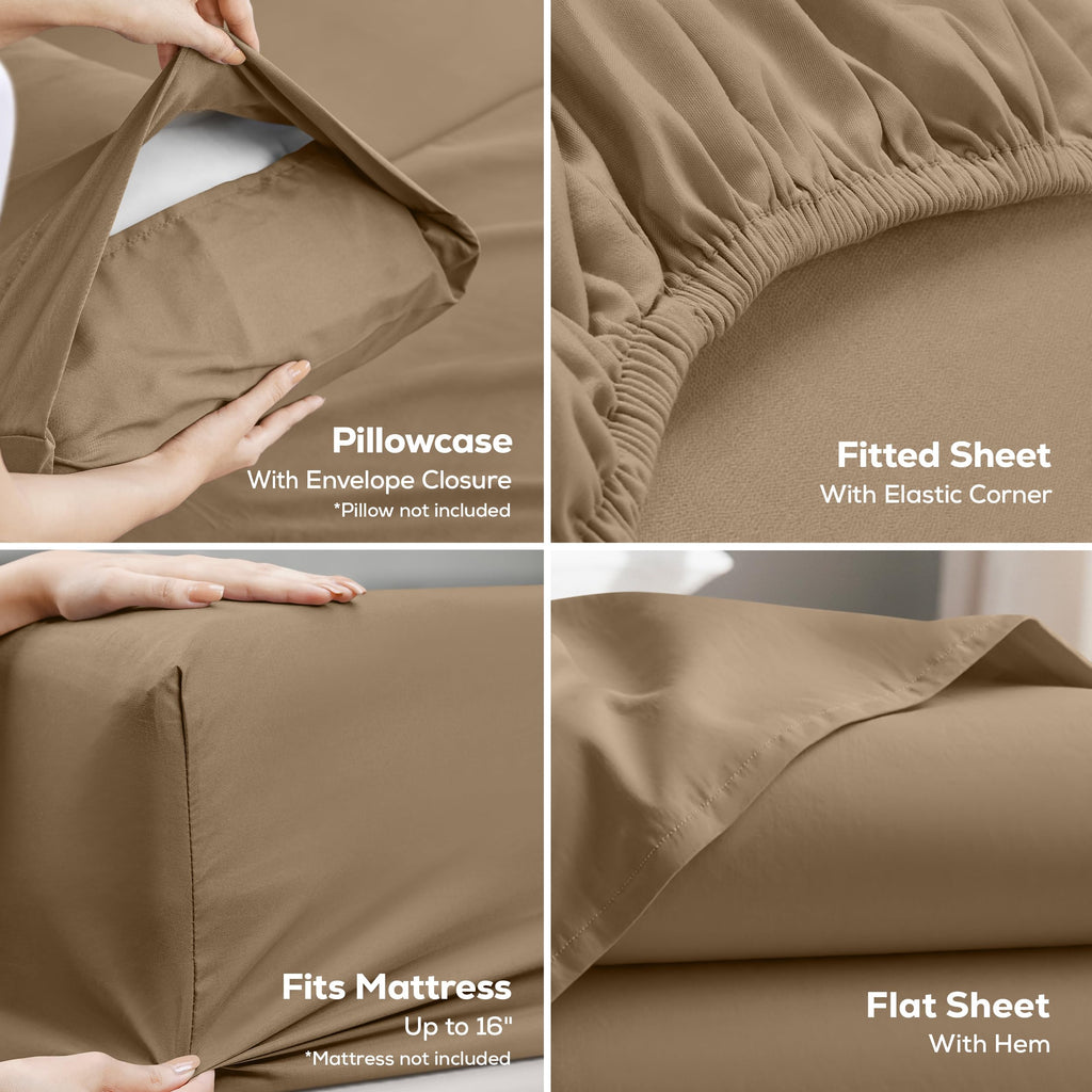 Sheets Set, 3 Pieces 16" Deep Pocket Hotel Luxury Bed Sheets, Sand