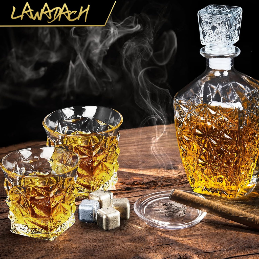 Whiskey Decanter Set with 2 Glasses, Glass Liquor Decanter 28oz - Set of 2