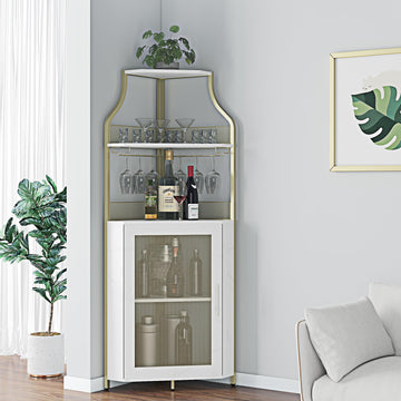 Corner Bar Cabinet, Wine Bar Cabinet with Glass Holder and Large Storage Space, Corner Liquor Cabinet with Mesh Door