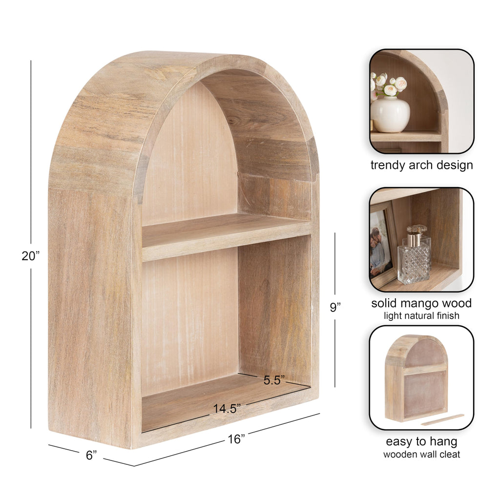 Arcott Modern Mango Wood Arched Wall Shelf, 16 x 20, Light Natural, Transitional Wooden Arch Wall Shelves for