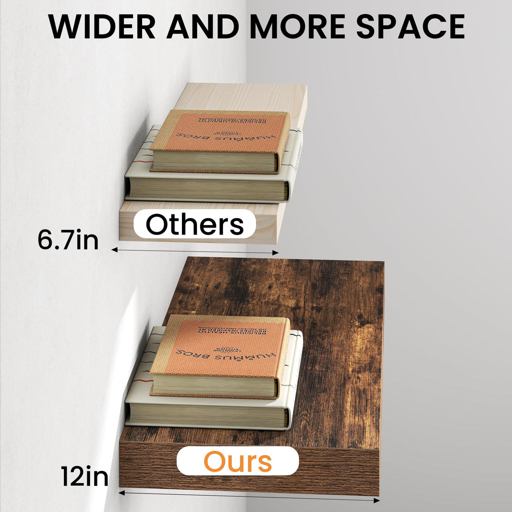 10" Deep Floating Shelves with Invisible Brackets, 20" Wall Shelves Bedroom Living Room, Modern Rustic Shelves Decor