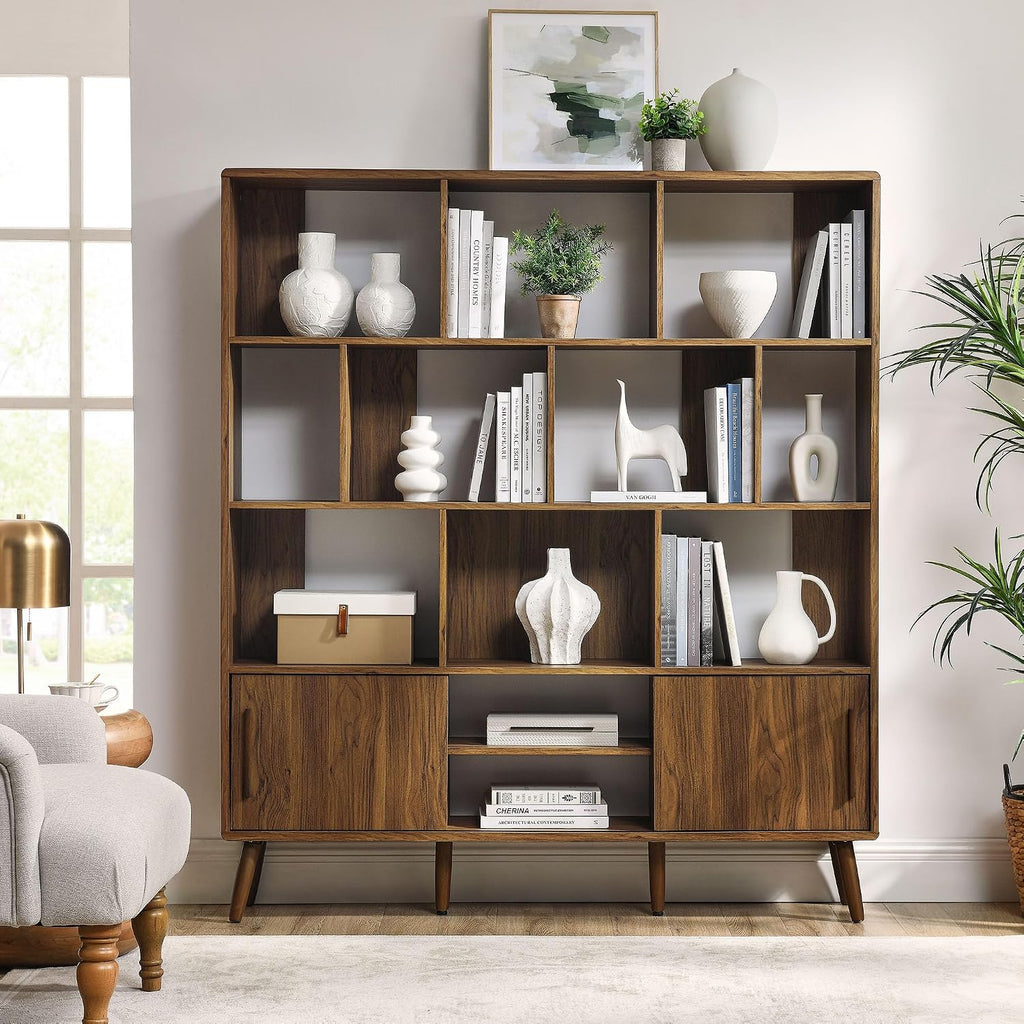 Transmit 14 Shelf Bookcase with Sliding Doors in Walnut - 59 Inch Wood Mid-Century Modern Bookshelf - 4 Tier Wide