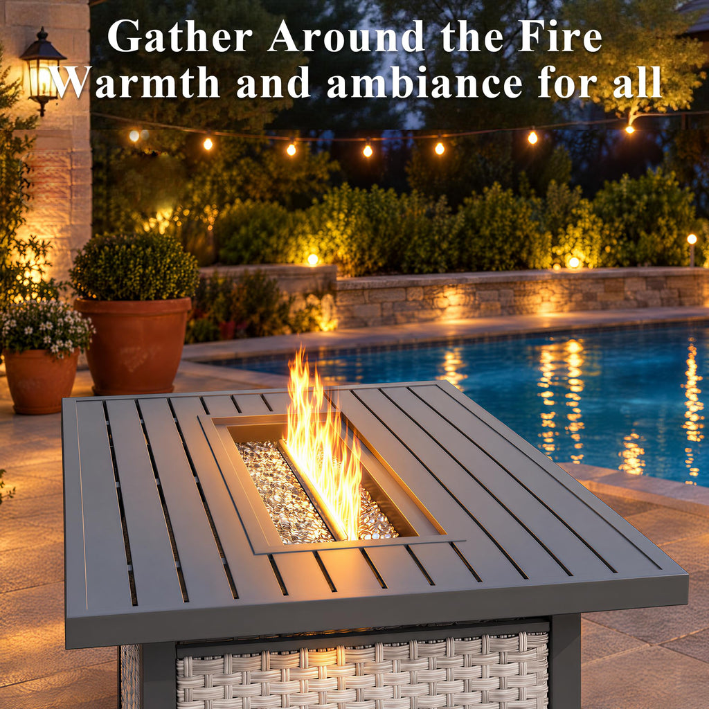 43 in Wicker Propane Fire Pit Table with Lid, 55, 000 BTU