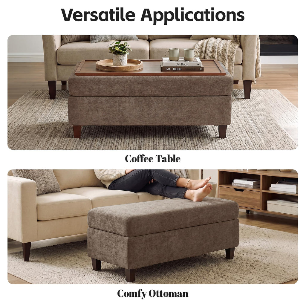 45" Ottoman Coffee Table with Storage, Reversible Wooden Tray Top, Large Storage Ottoman Bench, Chenille Upholstered