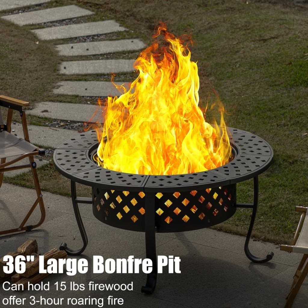 36 Inch Fire Pit with 2 BBQ Grills, Wood Burning Fire Pits for Outside with Lid & Fire Poker