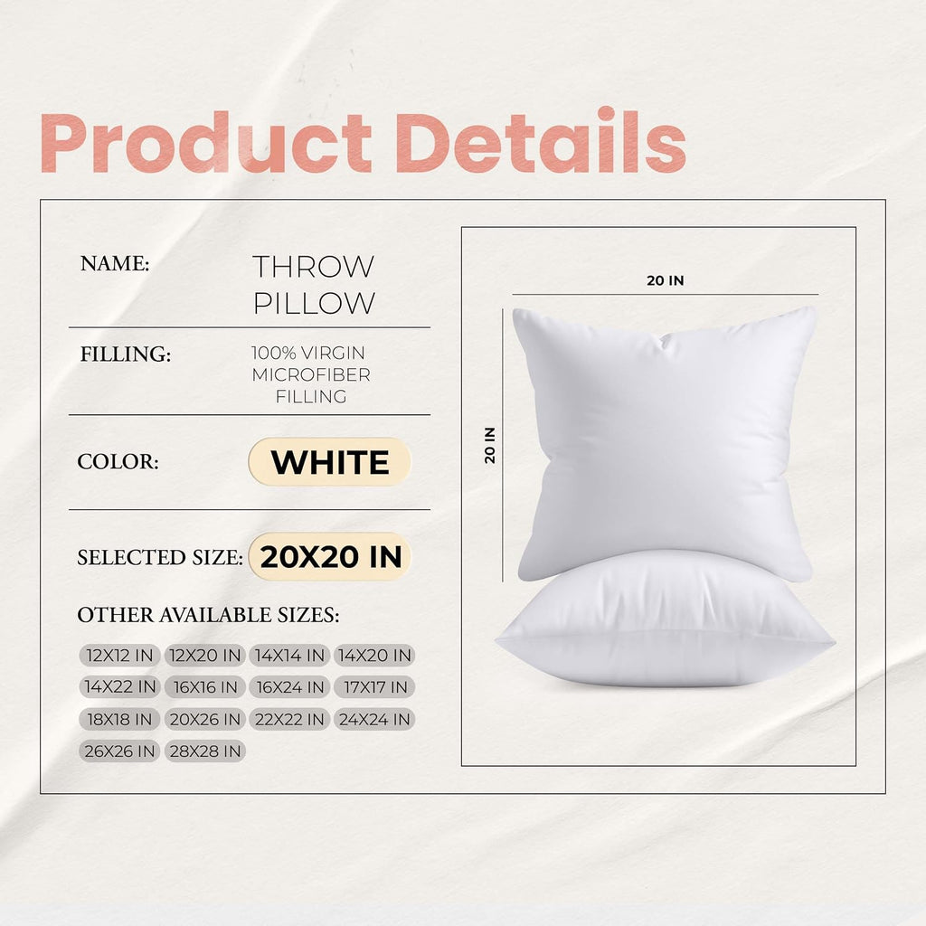 20x20 Pillow Inserts, White Throw Pillows for Couch, 2 Pack - Set of 2