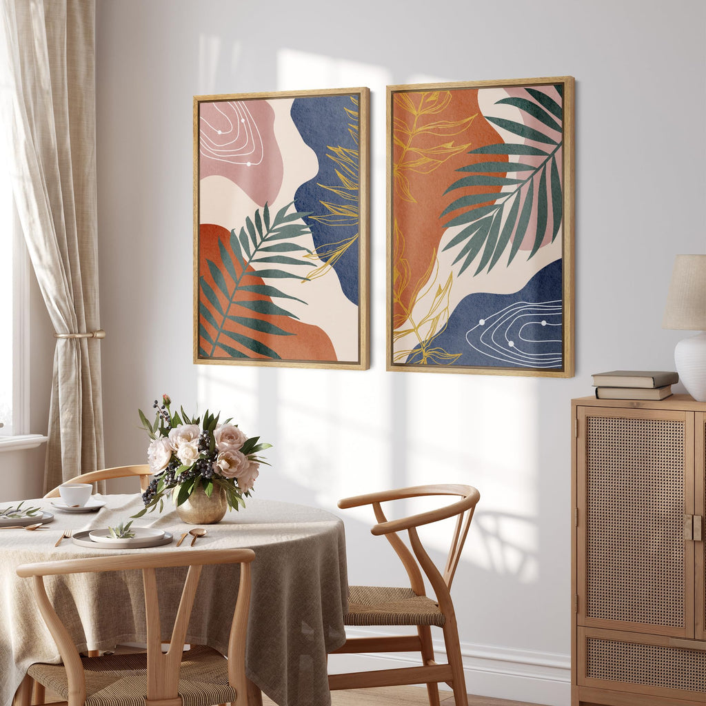 Framed Canvas Print Wall Art Set Retro Mid-Century Geometric Forest Plants Abstract Shapes Illustrations Modern Art