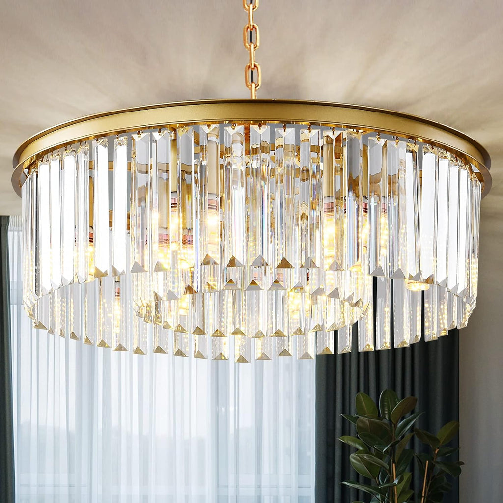 Gold Modern Crystal Chandelier, 2-Tier Round Flush Mount Ceiling Light Fixtures Height Adjustable Pendant Lighting